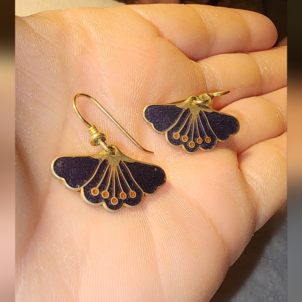 Vintage Laurel Burch Enamel Fan-Style Earrings – Purple & Gold Dangle